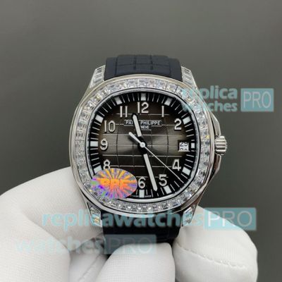 PP Factory Swiss Clone Patek Philippe Aquanaut 5167 Diamond Black Rubber Strap Watch 